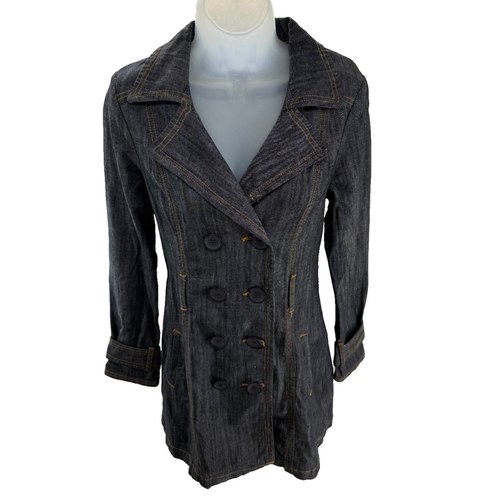 Womens Dark Wash Denim Double Breasted Trench Coat Jacket Small Vintage